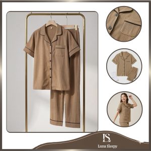 Bộ đồ ngủ nữ chất đũi mây mềm form rộng họa tiết sọc nâu Luna Sleepy LS05