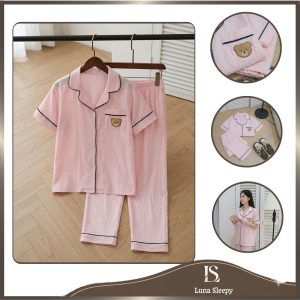 Bộ đồ ngủ nữ chất đũi mây mềm form rộng hồng trơn gấu Luna Sleepy LS06