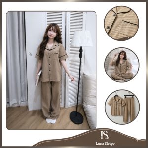 Bộ đồ ngủ nữ chất đũi mây mềm form rộng họa tiết sọc nâu Luna Sleepy LS05
