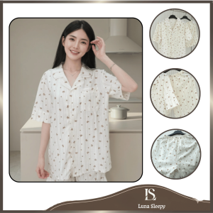 Luna Sleepy Bộ ngủ chất đũi mây mềm form rộng họa tiết nơ nâu