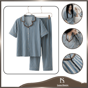 Bộ đồ ngủ lụa nhuyễn hoạ tiết kẻ sọc Luna Sleep LS09