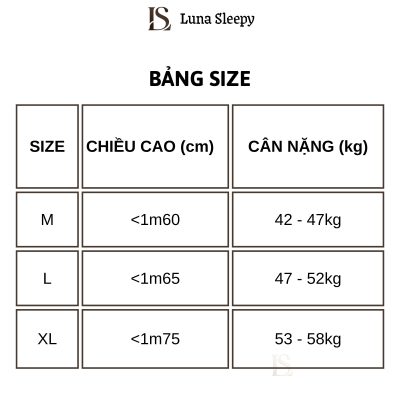 Ảnh bảng size sản phẩm đồ ngủ