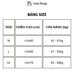Bảng size sản phẩm đồ ngủ