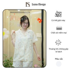 Đồ Ngủ Bộ Nữ họa Tiết Gấu Be LUNA SLEEPY Đũi Xốp Xước Cộc Tay Dáng Rộng Dễ Thương Mặc Nhà