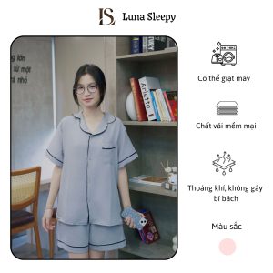 Bộ Đồ Ngủ Nữ Mặc Nhà Luna Sleepy Vải Đũi Xước Cộc Tay Quần Đùi Phối Viền Mặc Mát, Thoải Mái