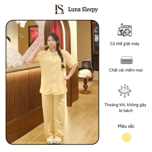 Bộ Pijama Nữ LUNA SLEEPY Chất Vải Đũi Mây Mềm Họa Tiết Kẻ Sọc Tăm Màu Vàng Mặc Nhà Thoáng Mát